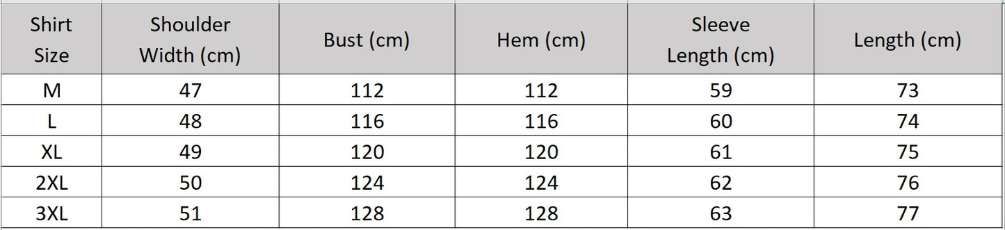 Men's size chart for a Gambiered Guangdong Silk Shirt. Crafted from authentic, collectible Xiangyunsha silk, cured under the sun with wild botanical tannins and rich river silt. — From Borcelleclothes.