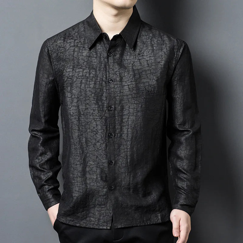 Men's Gambiered Guangdong Silk Shirt. Crafted from authentic, collectible Xiangyunsha silk, cured under the sun with wild botanical tannins and rich river silt. — From Borcelleclothes.