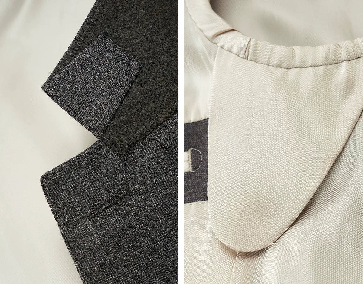 Interior collage showing premium Bemberg cupro lining, tailored armpit sweat shields, and melton wool undercollar — From Borcelleclothes.