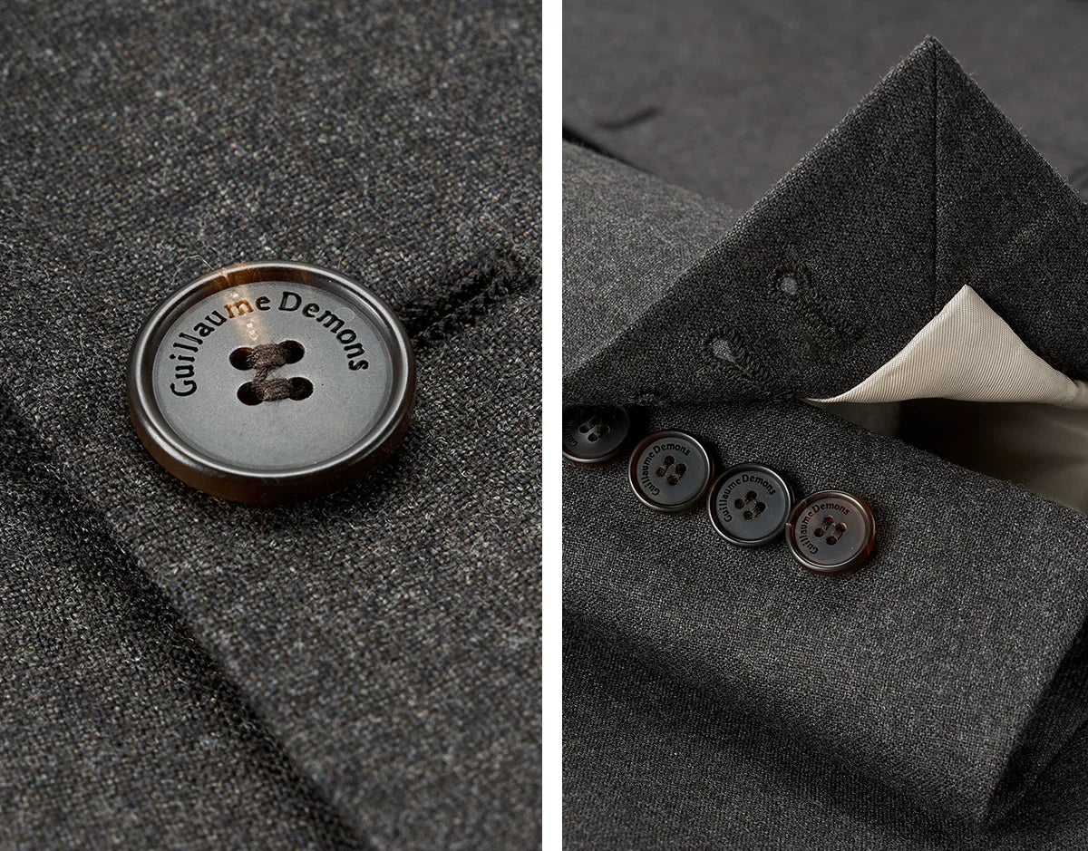 Collage detailing genuine horn front buttons and functional four-button surgeon's cuffs with unfastened buttonholes — From Borcelleclothes.