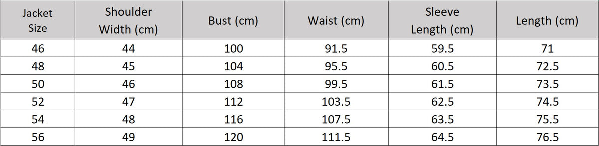 Detailed size guide and measurement chart for men's half-canvas wool flannel suit jacket — From Borcelleclothes.