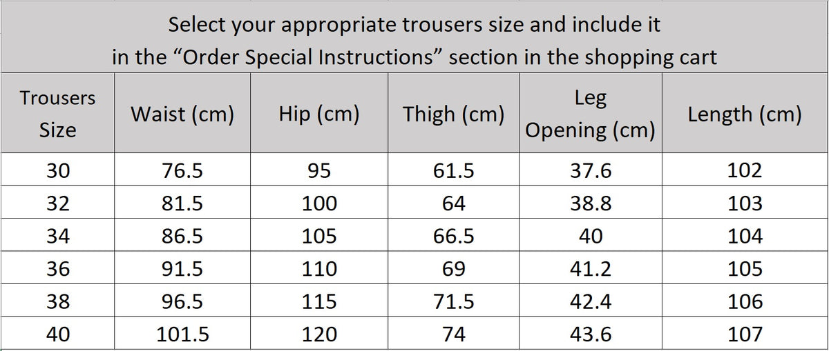 Precise sizing and fit specification chart for classic tailored wool flannel trousers — From Borcelleclothes.
