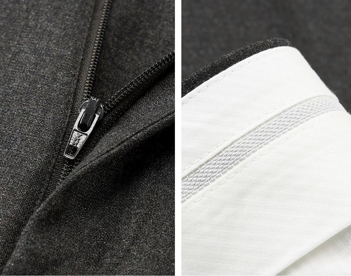 Collage showcasing smooth metal zipper fly and internal waistband with silicone shirt-gripper band — From Borcelleclothes.