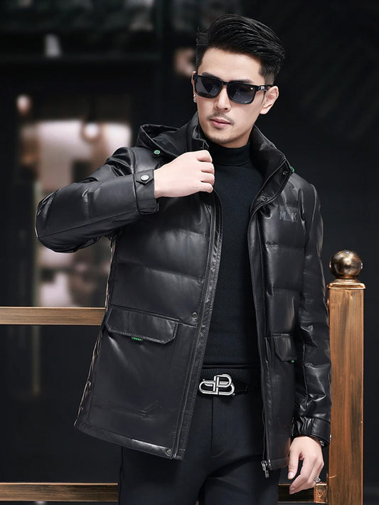 Men's cowhide down jacket in Onyx, with heat-pressed stripe pattern and detachable hood with green detailing — From Borcelleclothes.