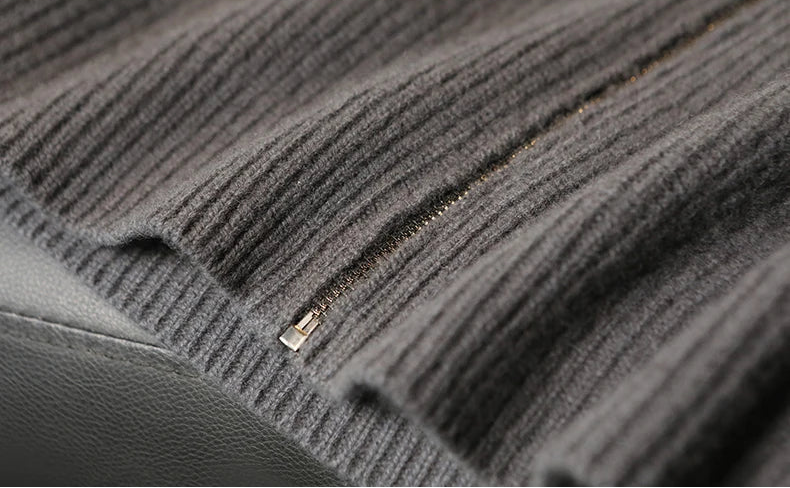 Clean, straight bottom hem of the Concord heavyweight cashmere cardigan, showcasing the thick vertical rib knit finish — From Borcelleclothes.