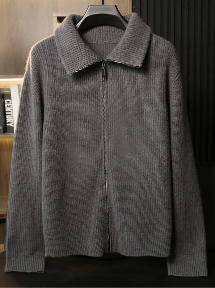 Full-length view of the Concord heavyweight cashmere zip cardigan on a hanger, highlighting its 620g English rib knit structure and substantial drape — From Borcelleclothes.