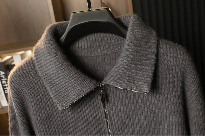 Upper section of the Concord cashmere cardigan, showing the metal front zipper and dense English rib textured knit — From Borcelleclothes.