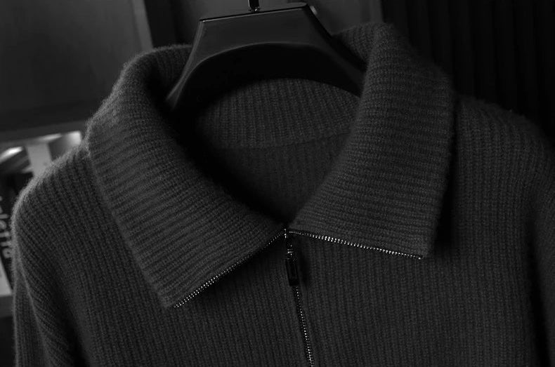 Front upper chest view of the Davy’s Grey cashmere cardigan, featuring the dense 620g ribbed texture and clean zip placket — From Borcelleclothes.
