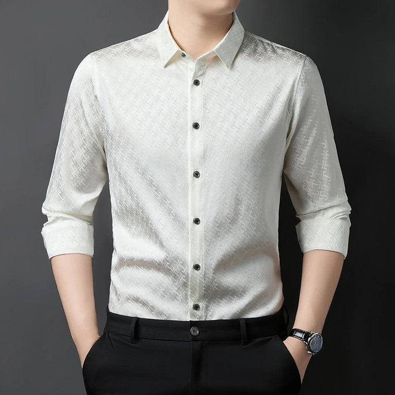 Men's long-sleeve Mulberry silk shirt in Liquid Linchpin color, featuring a geometric Jacquard Labyrinth weave, tailored with a sharp pointed collar and single-button cuffs. — From Borcelleclothes.