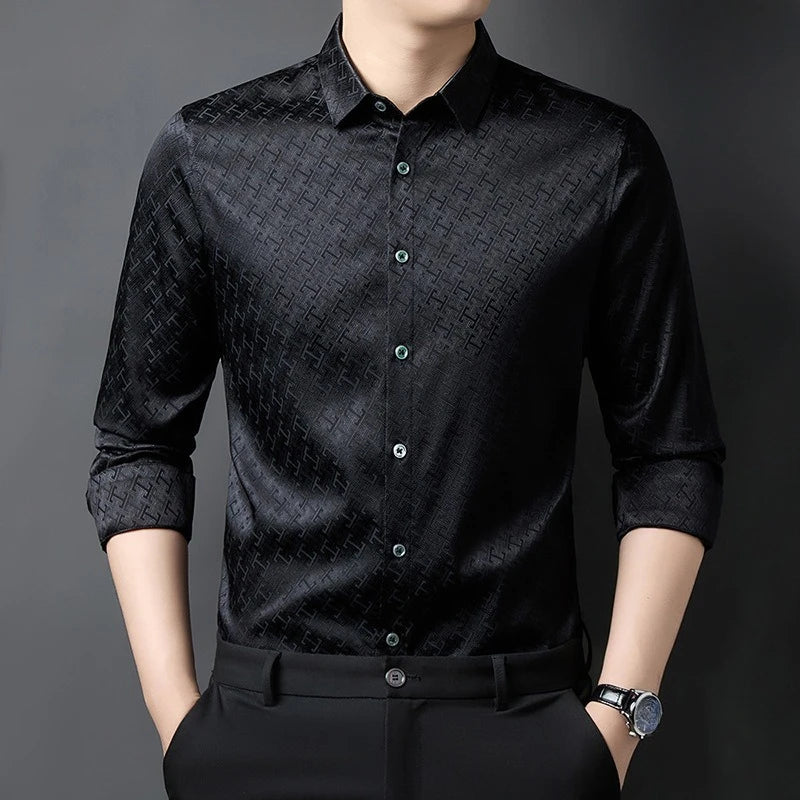 Men's long-sleeve Mulberry silk shirt in Night Matrix color, featuring a geometric Jacquard Labyrinth weave, tailored with a sharp pointed collar and single-button cuffs. — From Borcelleclothes.
