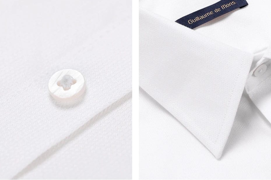 Detailed collage highlighting the reinforced front placket, premium buttons, and collar structure of the Lotus White shirt. — From Borcelleclothes.