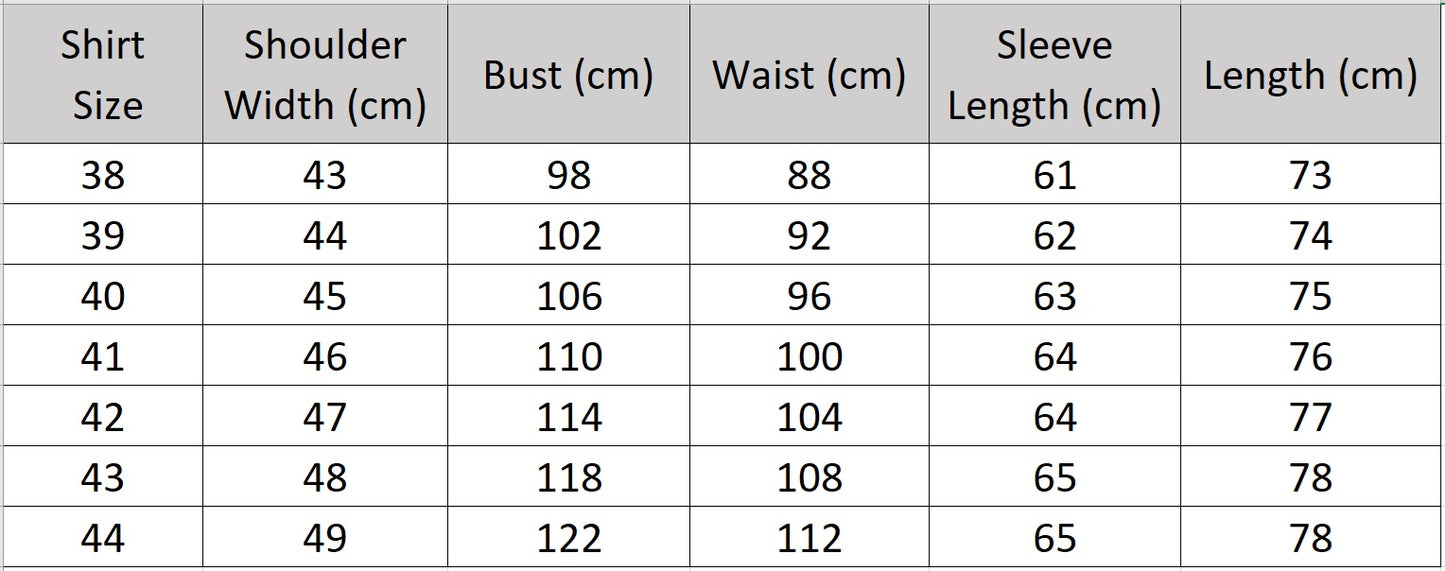 Men's size chart for a Lotus White cotton-silk shirt featuring a pointed collar, structured button cuffs, and a reinforced front placket. — Borcelleclothes.