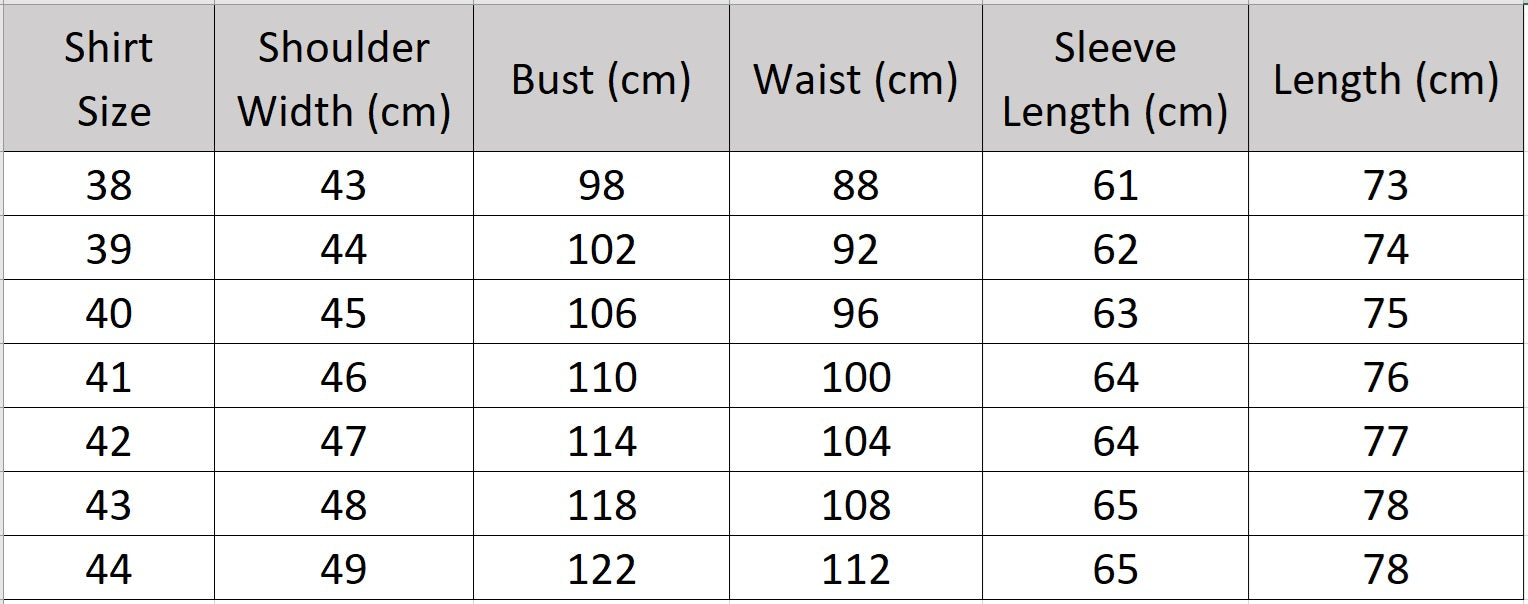 Men's size chart for a Lotus White cotton-silk shirt featuring a pointed collar, structured button cuffs, and a reinforced front placket. — Borcelleclothes.