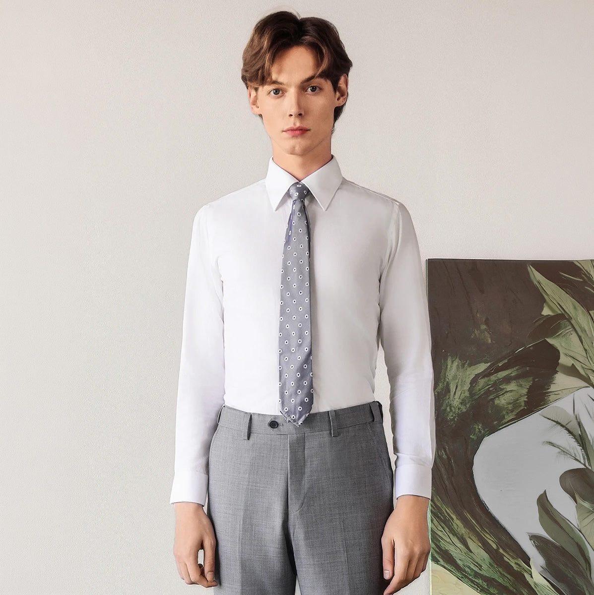 Men's Lotus White cotton-silk shirt featuring a pointed collar, structured button cuffs, and a reinforced front placket. — Borcelleclothes.