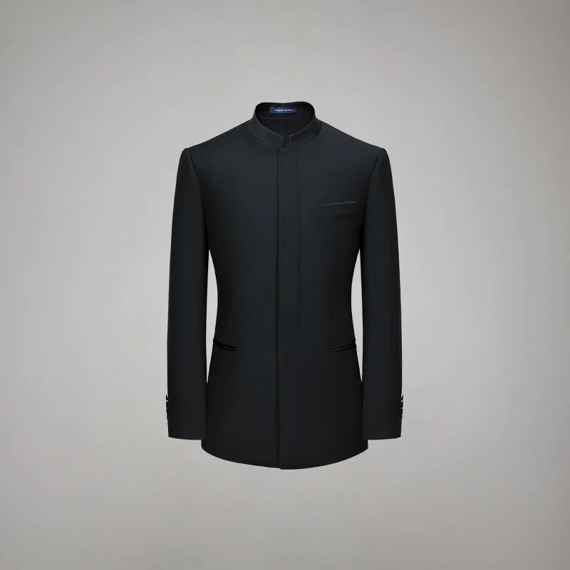 Men's minimalist mandarin collar suit jacket in At the Abyss worsted virgin merino wool — From Borcelleclothes.