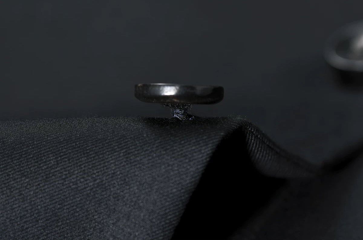 Close-up of the reinforced shank button craftsmanship on the stand-collar wool jacket — From Borcelleclothes.