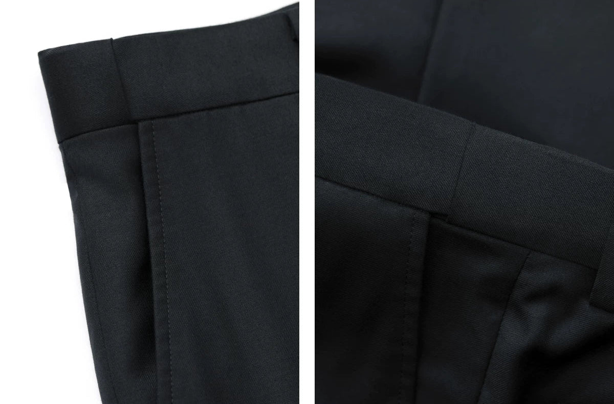 Collage showcasing deep side slash pockets and comfort-stretch elastic waistband inserts on the wool trousers — From Borcelleclothes.