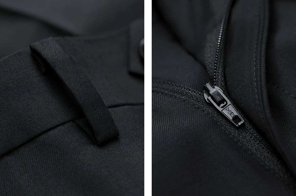 Collage showing tailored belt loops, sword-tab waistband, and YKK semi-auto lock zipper on the trousers — From Borcelleclothes.