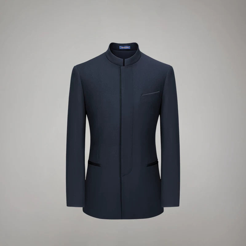 Men's tailored stand-collar jacket in Deep Waters Australian virgin merino wool with concealed fly front — From Borcelleclothes.