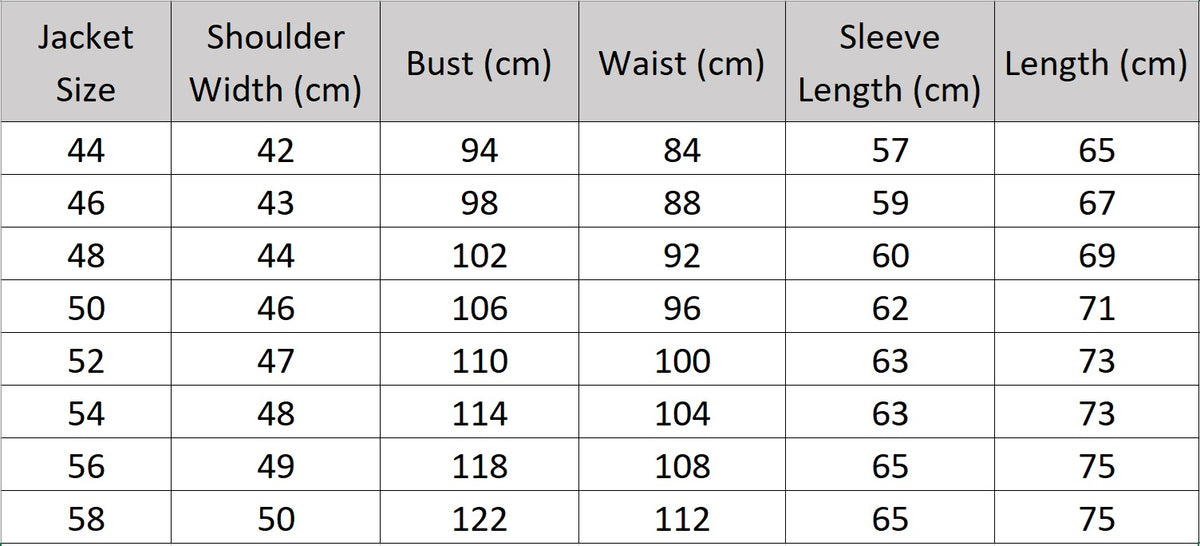 Detailed sizing chart and measurement guide for the men's mandarin collar merino wool suit jacket — From Borcelleclothes.