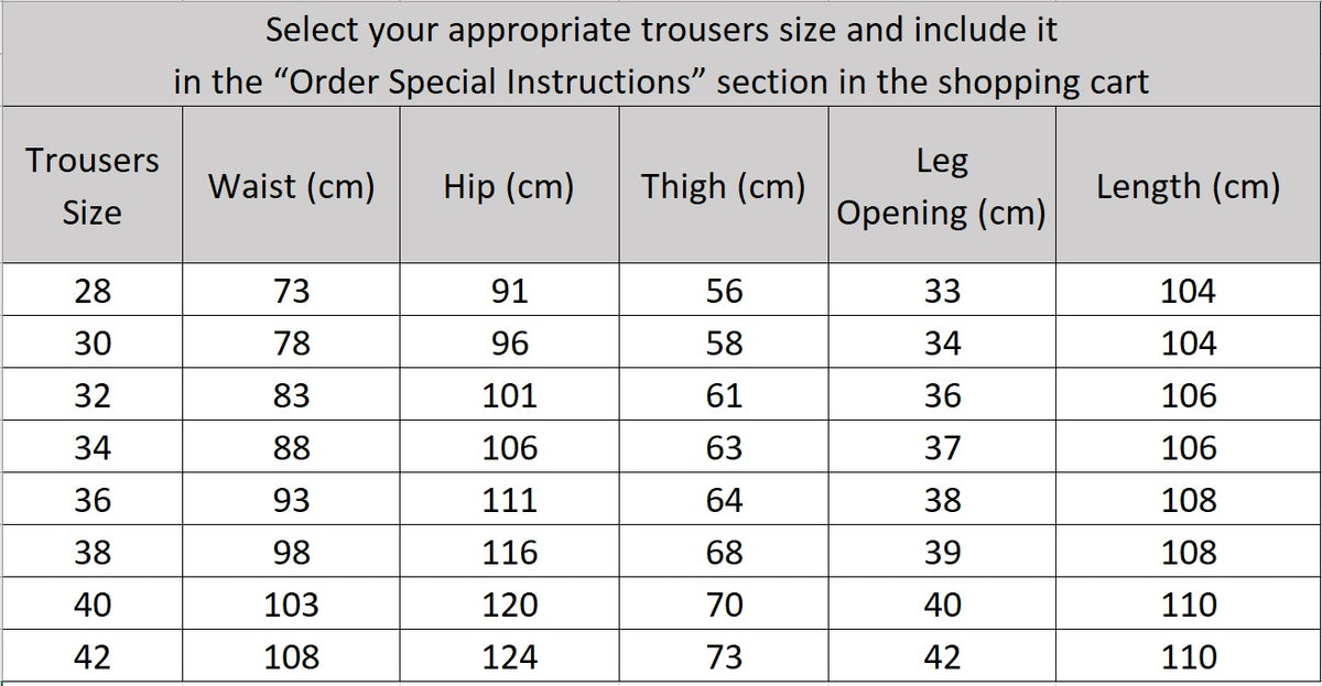  Comprehensive size chart with waist, hip, and length measurements for the tailored wool trousers — From Borcelleclothes.