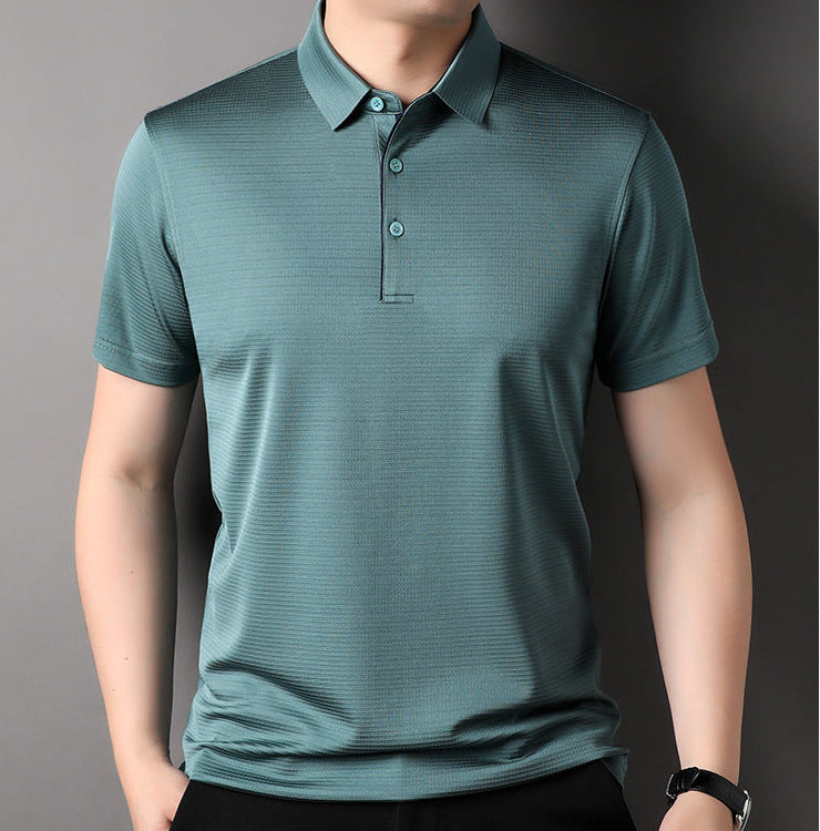 Men's short-sleeve Mulberry silk polo shirt in Bermuda Grey seafoam-steel shade with architectural micro-rib detailing — From Borcelleclothes.