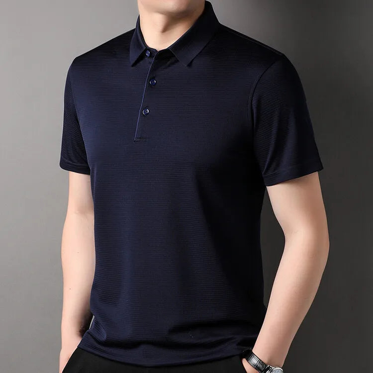 Men's short-sleeve Mulberry silk polo shirt in Deep Waters dark navy blue with a micro-rib jacquard finish — From Borcelleclothes.