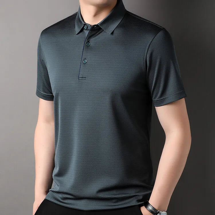 Men's short-sleeve Mulberry silk polo shirt in Fiord muted slate blue with a micro-rib jacquard finish — From Borcelleclothes.