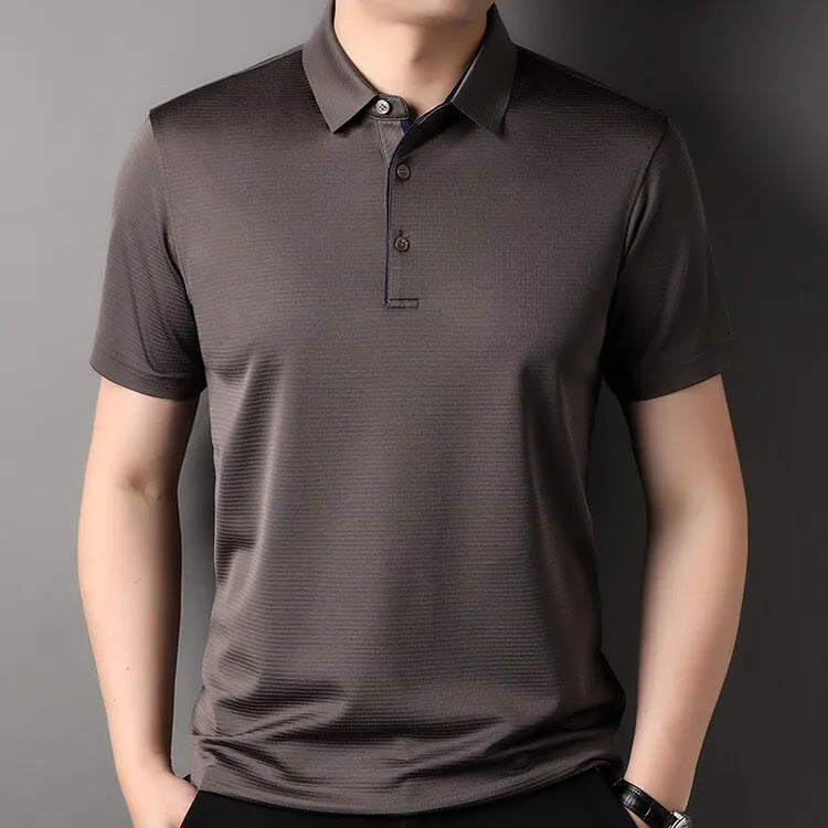 Men's short-sleeve Mulberry silk polo shirt in Woody Brown with a textured micro-rib weave and tailored collar — From Borcelleclothes.