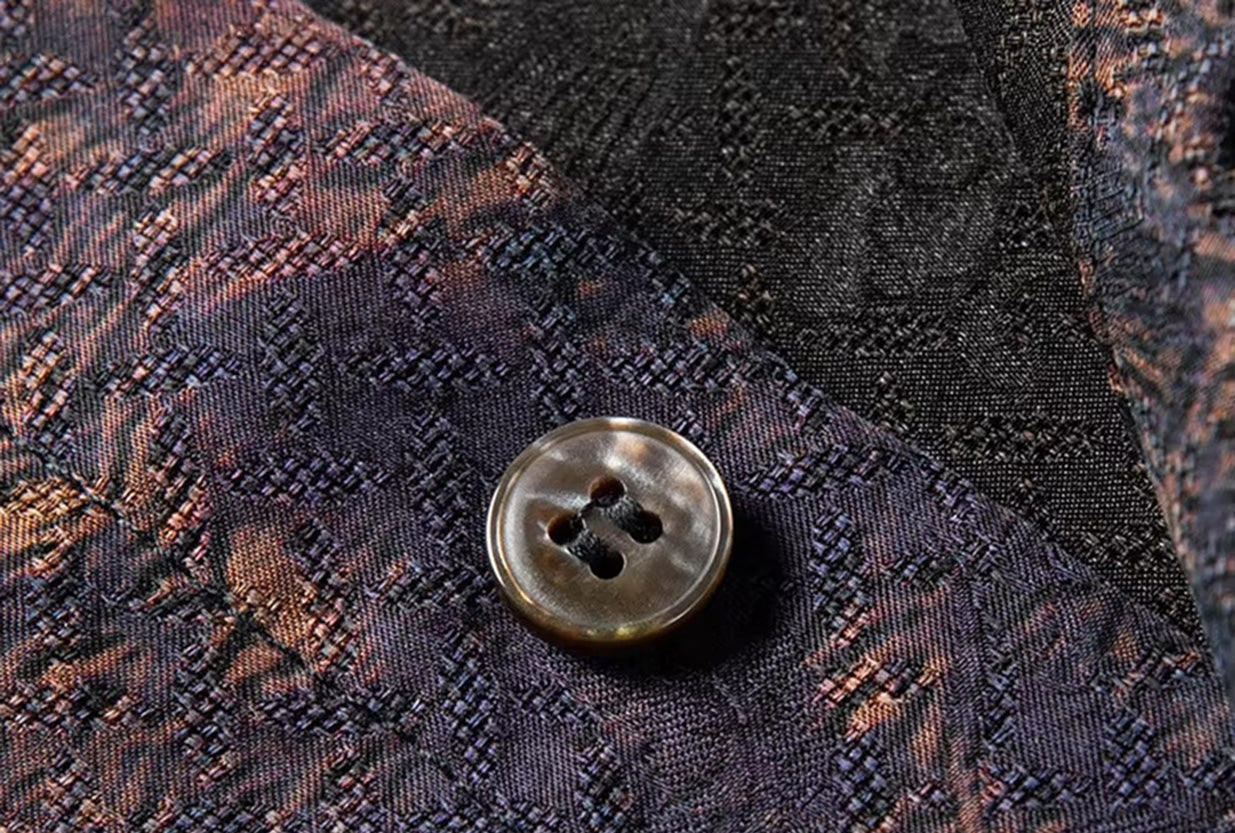 Macro shot of the button sewn onto the mottled geometric mesh of the Xiangyunsha jacquard silk shirt — From Borcelleclothes.