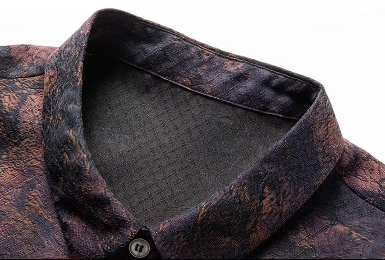 Macro shot of the pointed collar on the mottled Trail of Emotions Xiangyunsha shirt, showing the structured jacquard weave and collar stand — From Borcelleclothes.