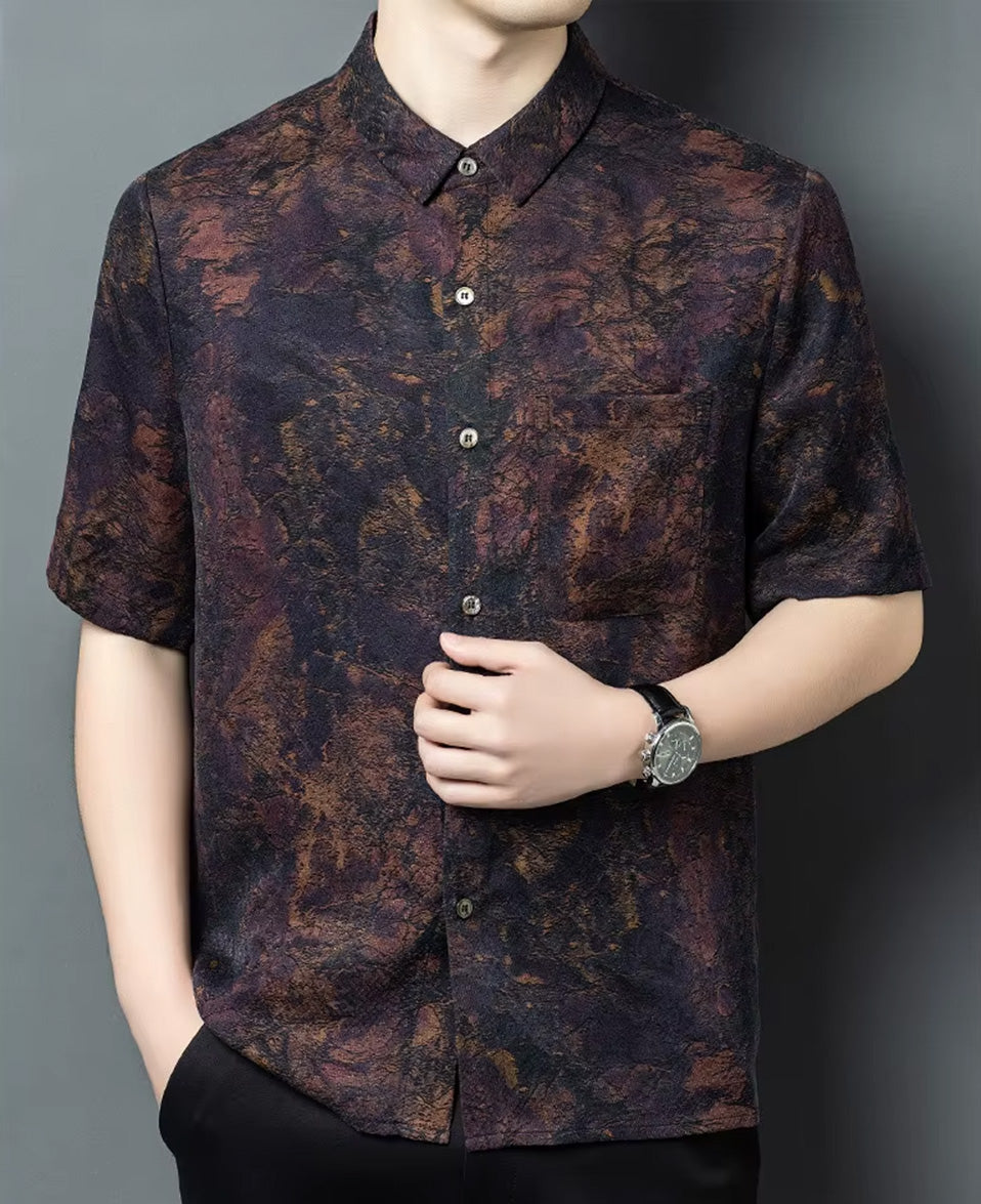 A man touching the front placket of the copper-purple mottled Xiangyunsha jacquard silk shirt — From Borcelleclothes.