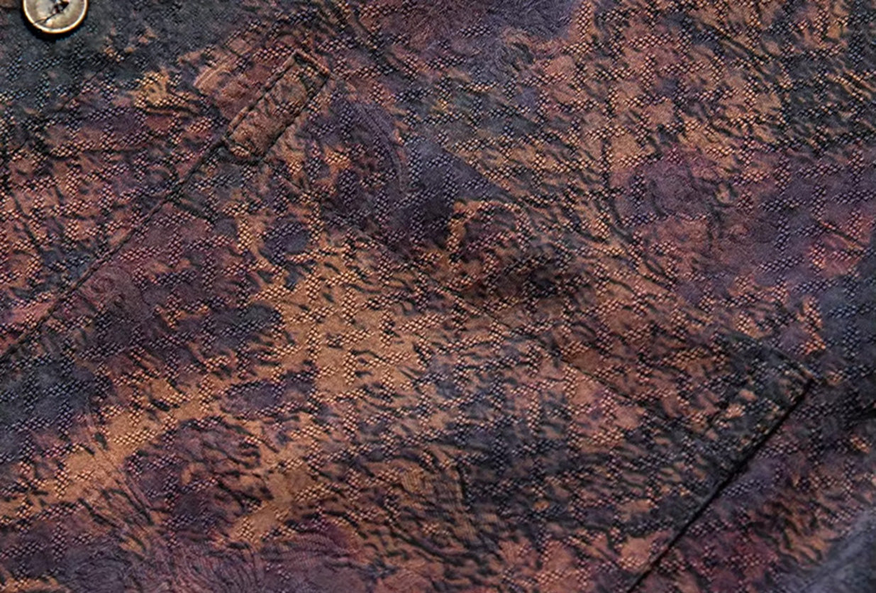 Detailed view of the left chest patch pocket on the mottled copper and purple Xiangyunsha silk shirt — From Borcelleclothes.