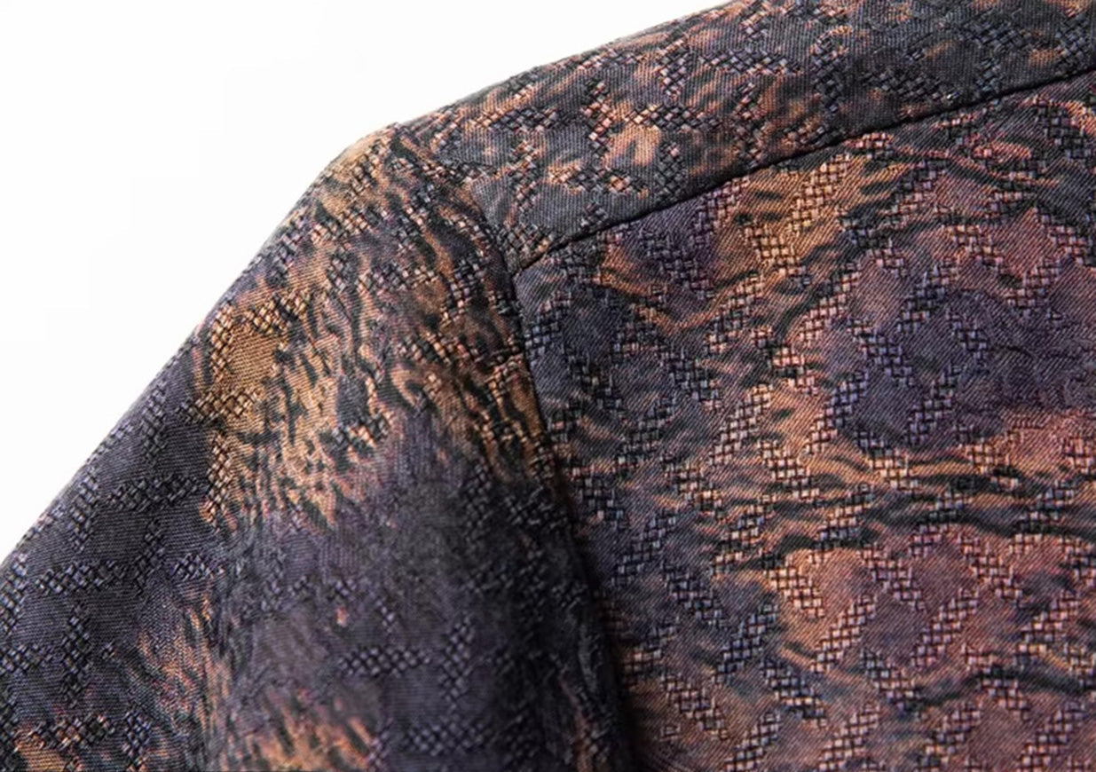 Close-up of the shoulder seam on the mottled Xiangyunsha jacquard silk shirt, highlighting the precision stitching and fabric relief — From Borcelleclothes.