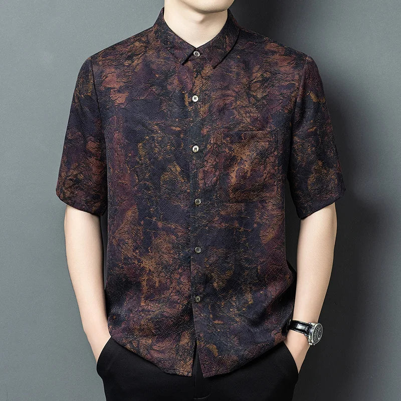 Men's Mottled Xiangyunsha Jacquard Silk Shirt in Trail of Emotions color, highlighting the geometric mesh texture and a copper-purple abstract pattern. From Borcelleclothes.