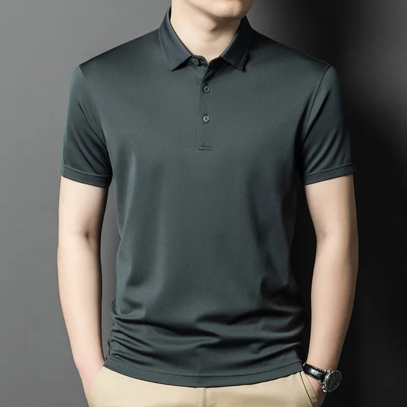 Men's Mulberry Silk Micro-Piqué Polo in Deep Space featuring a twin-needle stitch pointed collar and mother-of-pearl buttons. — From Borcellelothes.