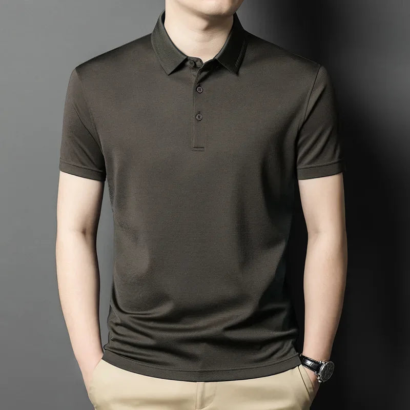Men's Mulberry Silk Micro-Piqué Polo in Dragon's Breath featuring a twin-needle stitch pointed collar and mother-of-pearl buttons. — From Borcellelothes.