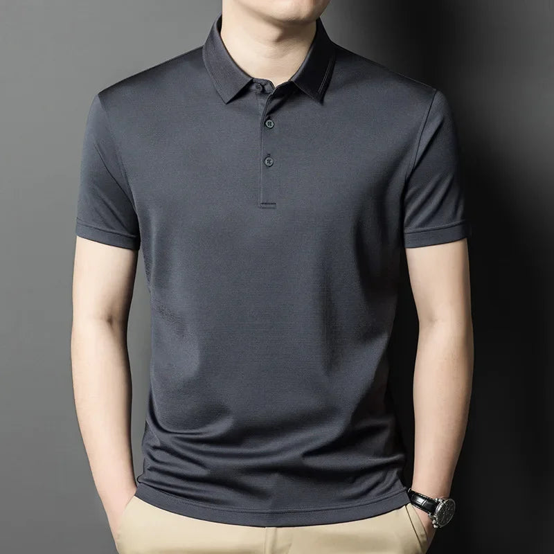 Men's Mulberry Silk Micro-Piqué Polo in Tender Night featuring a twin-needle stitch pointed collar and mother-of-pearl buttons. — From Borcellelothes.