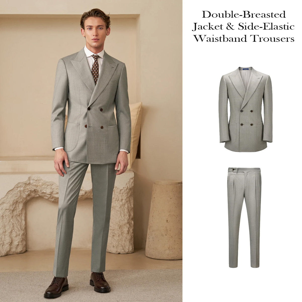 Men's double-breasted Neapolitan suit tailored from VBC Super 110s wool — From Borcelleclothes.