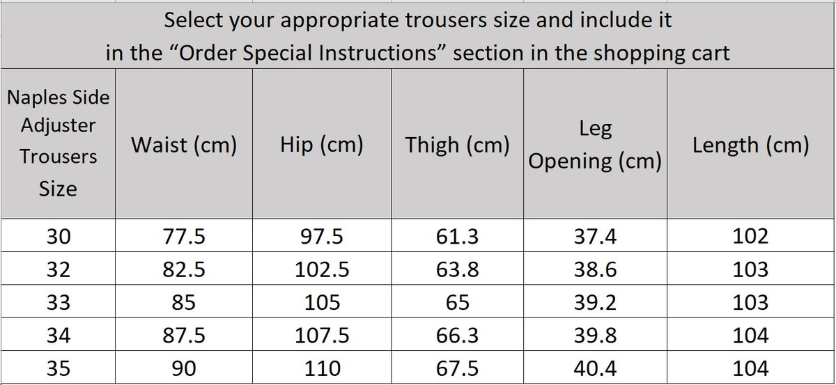 Size chart for men's tailored suit trousers with Neapolitan side-adjuster waistband — From Borcelleclothes.