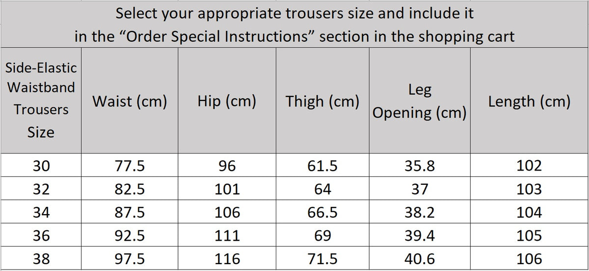 Size chart for men's VBC wool suit trousers with side-elastic comfort waistband — From Borcelleclothes.