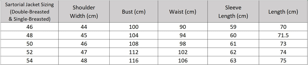 Size chart for men's Neapolitan single-breasted and double-breasted VBC wool suit jackets — From Borcelleclothes.