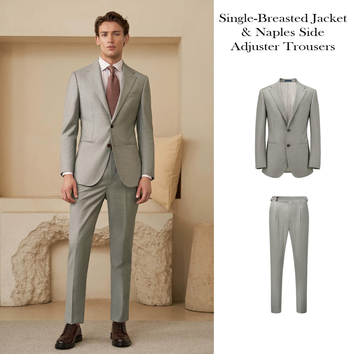Men's single-breasted Neapolitan suit tailored from VBC Super 110s wool — From Borcelleclothes.