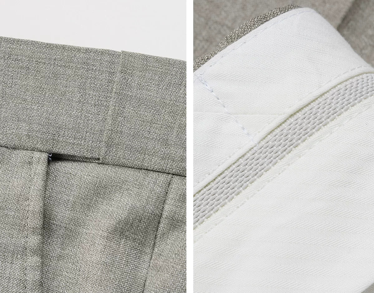 Trouser interior craftsmanship collage featuring elastic side insert and shirt-gripper waistband — From Borcelleclothes.