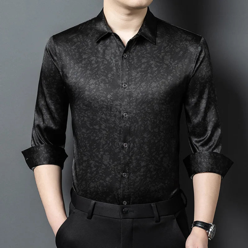 A men’s Mulberry silk shirt with 9.2% elastane in Noctis Labyrinthus print, featuring a pointed collar and single-button cuffs. — From Borcelleclothes.