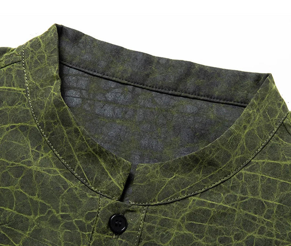 A macro shot focusing on the structured Mandarin collar on the Chartreuse Glow face, showcasing the clean, unbuttoned front split — From Borcelleclothes.
