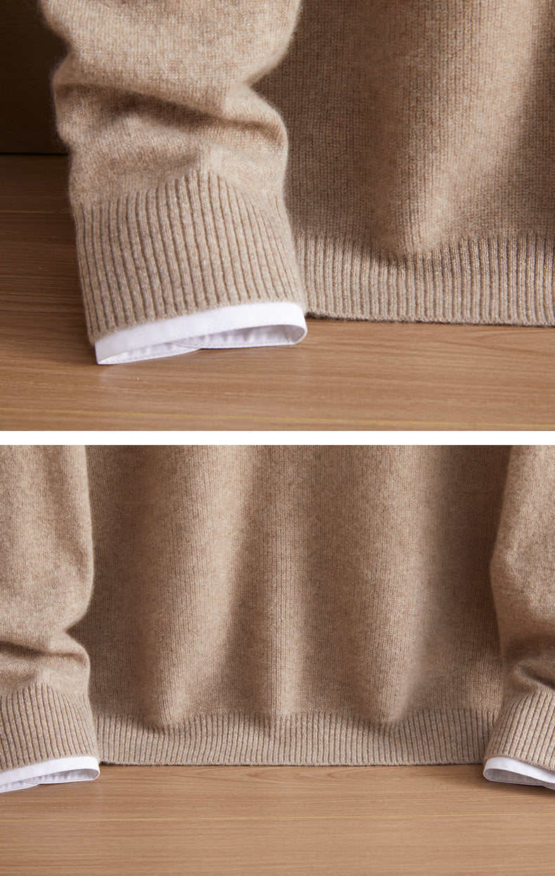 Texture collage highlighting the dense 1x1 ribbing on the cuffs and hem of the men’s Arbas cashmere sweater in Half Malta beige — From Borcelleclothes.
