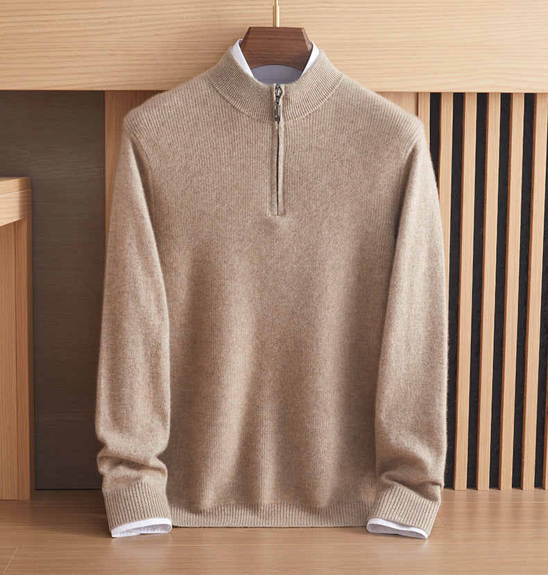 Close-up of the fluid fold and rich tactile texture of the men’s Arbas cashmere sweater in undyed Half Malta beige — From Borcelleclothes.