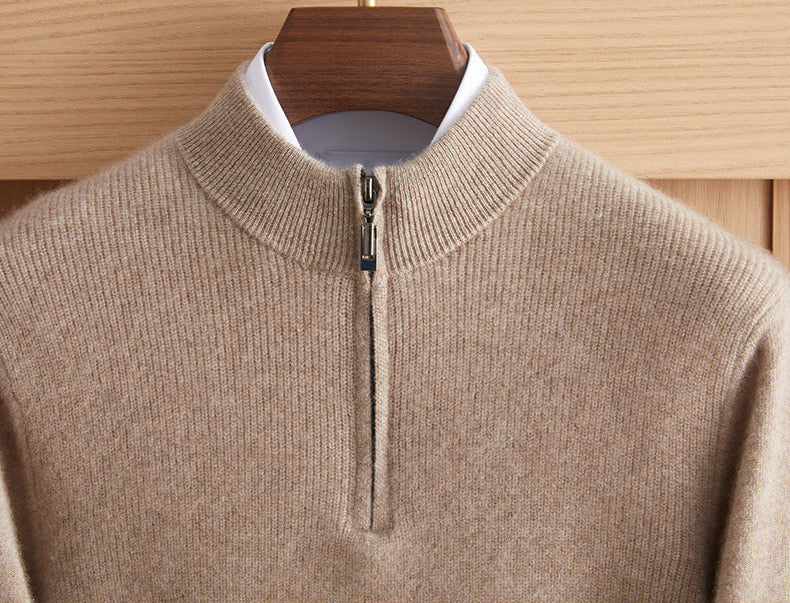 Upper detail of the men’s Arbas cashmere half-zip sweater in Half Malta beige, displaying the ribbed mock neck layered over a white collar — From Borcelleclothes.