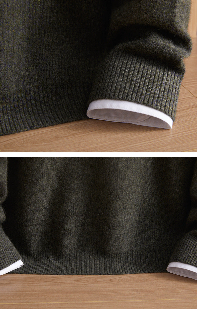 Detail collage of the finely finished cuffs and bottom hem of the men’s ribbed Arbas cashmere sweater in Moss Glen olive — From Borcelleclothes.